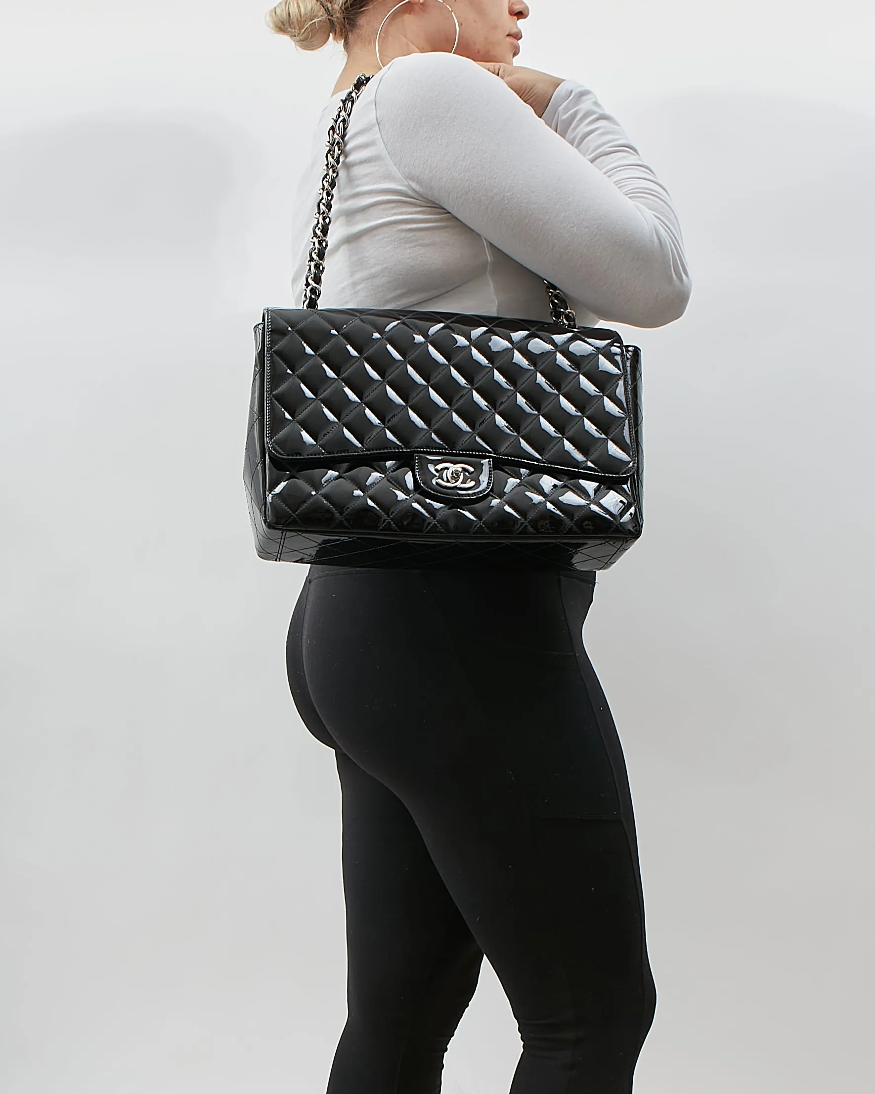 Chanel Black Patent Quilted Classic Single Flap Maxi Chain Bag