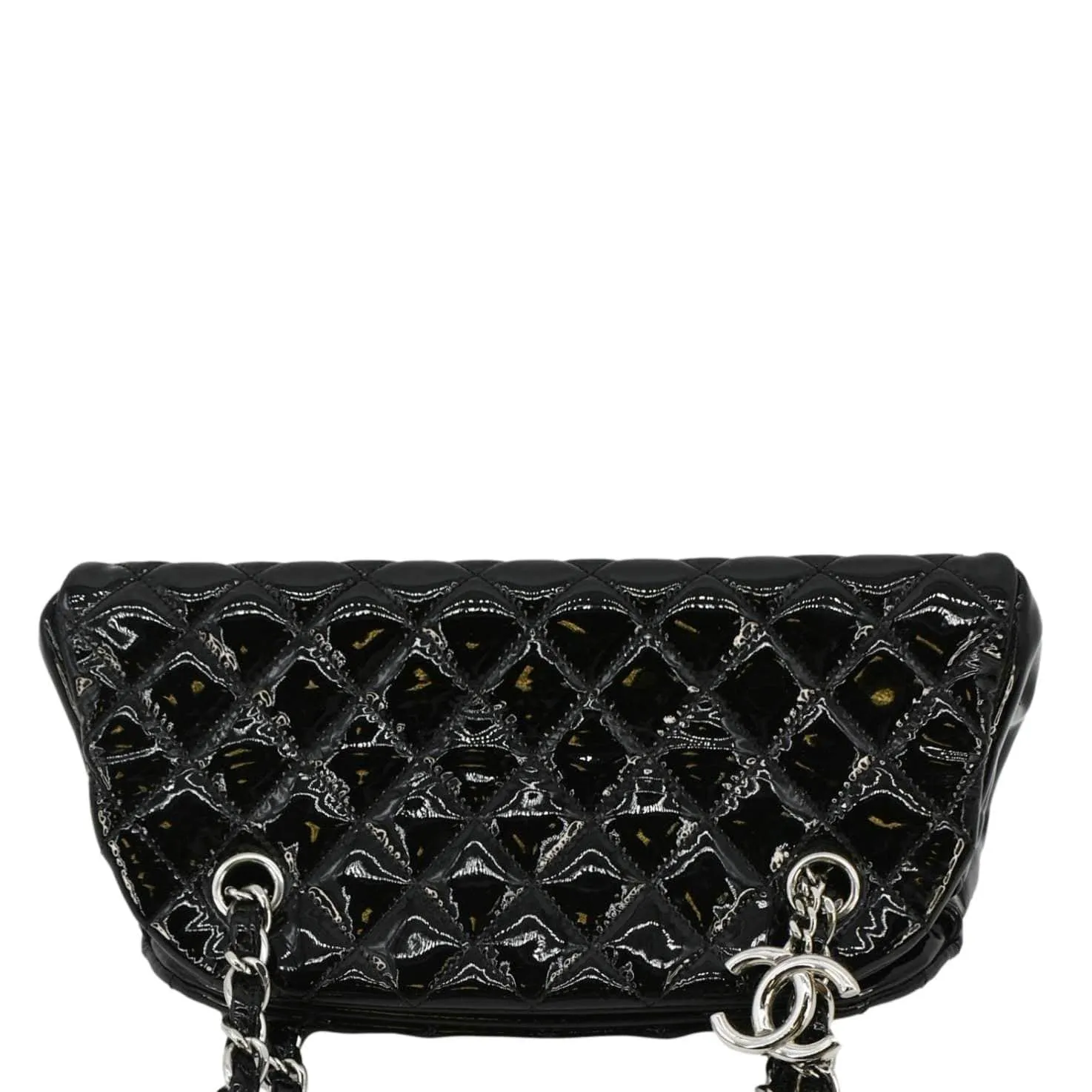 CHANEL Just Mademoiselle Bowling Small Quilted Patent Leather Shoulder Bag Black