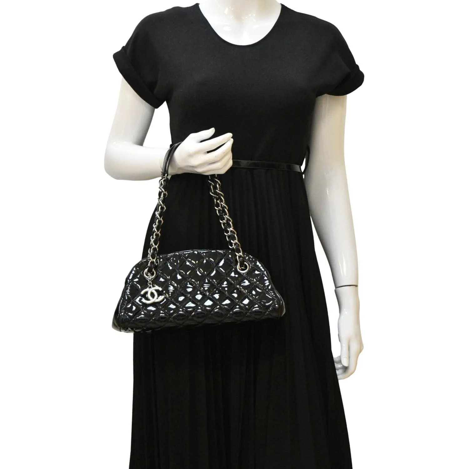 CHANEL Just Mademoiselle Bowling Small Quilted Patent Leather Shoulder Bag Black