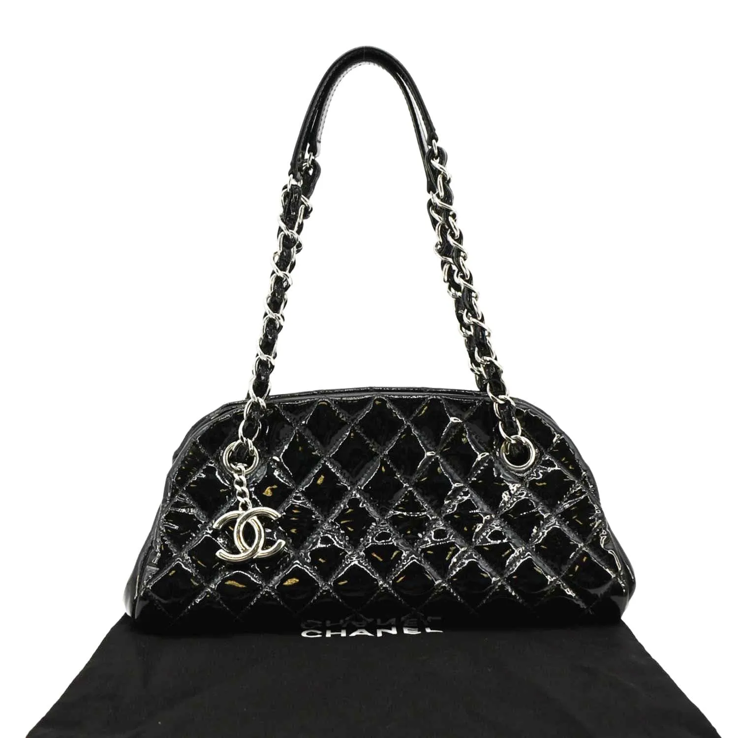 CHANEL Just Mademoiselle Bowling Small Quilted Patent Leather Shoulder Bag Black