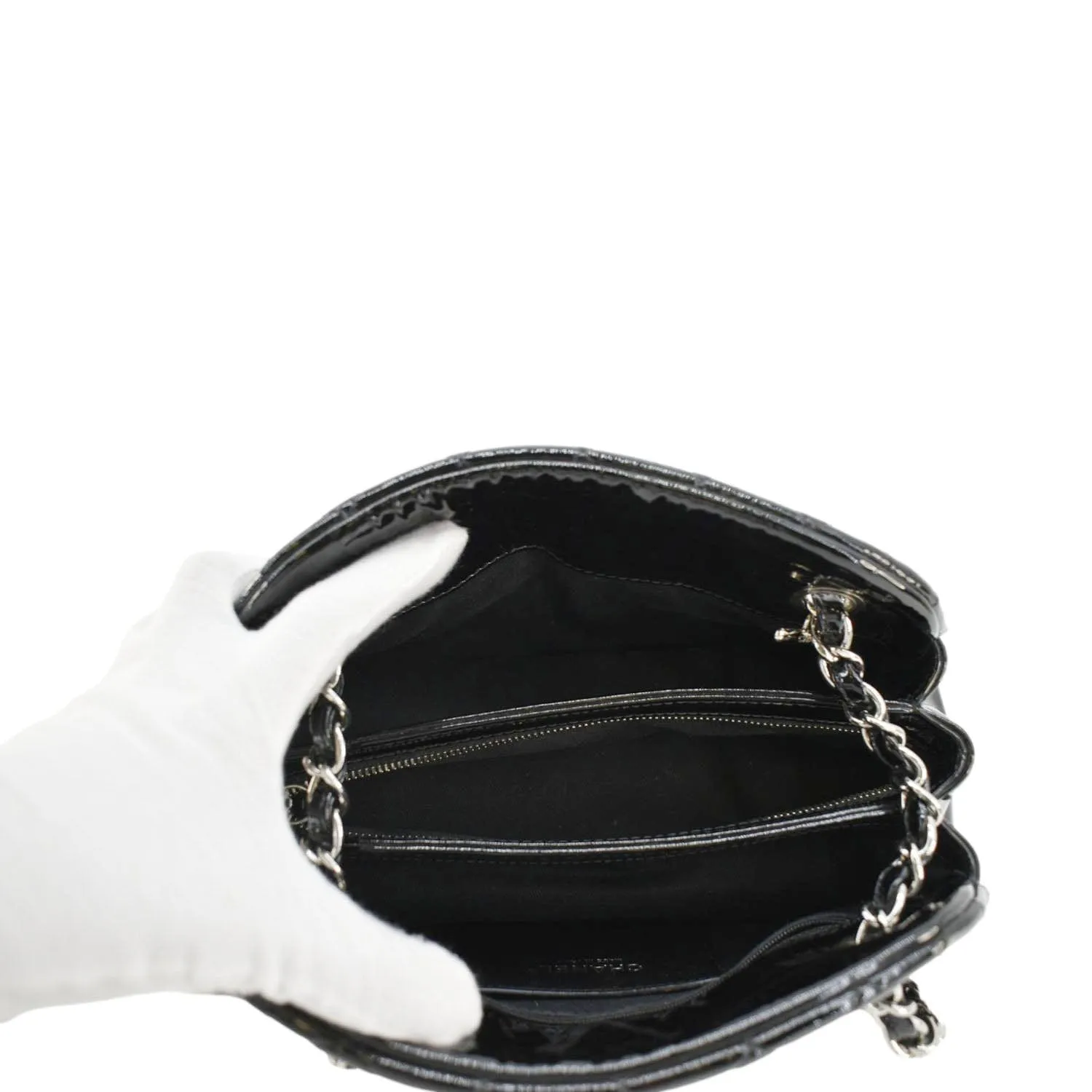 CHANEL Just Mademoiselle Bowling Small Quilted Patent Leather Shoulder Bag Black