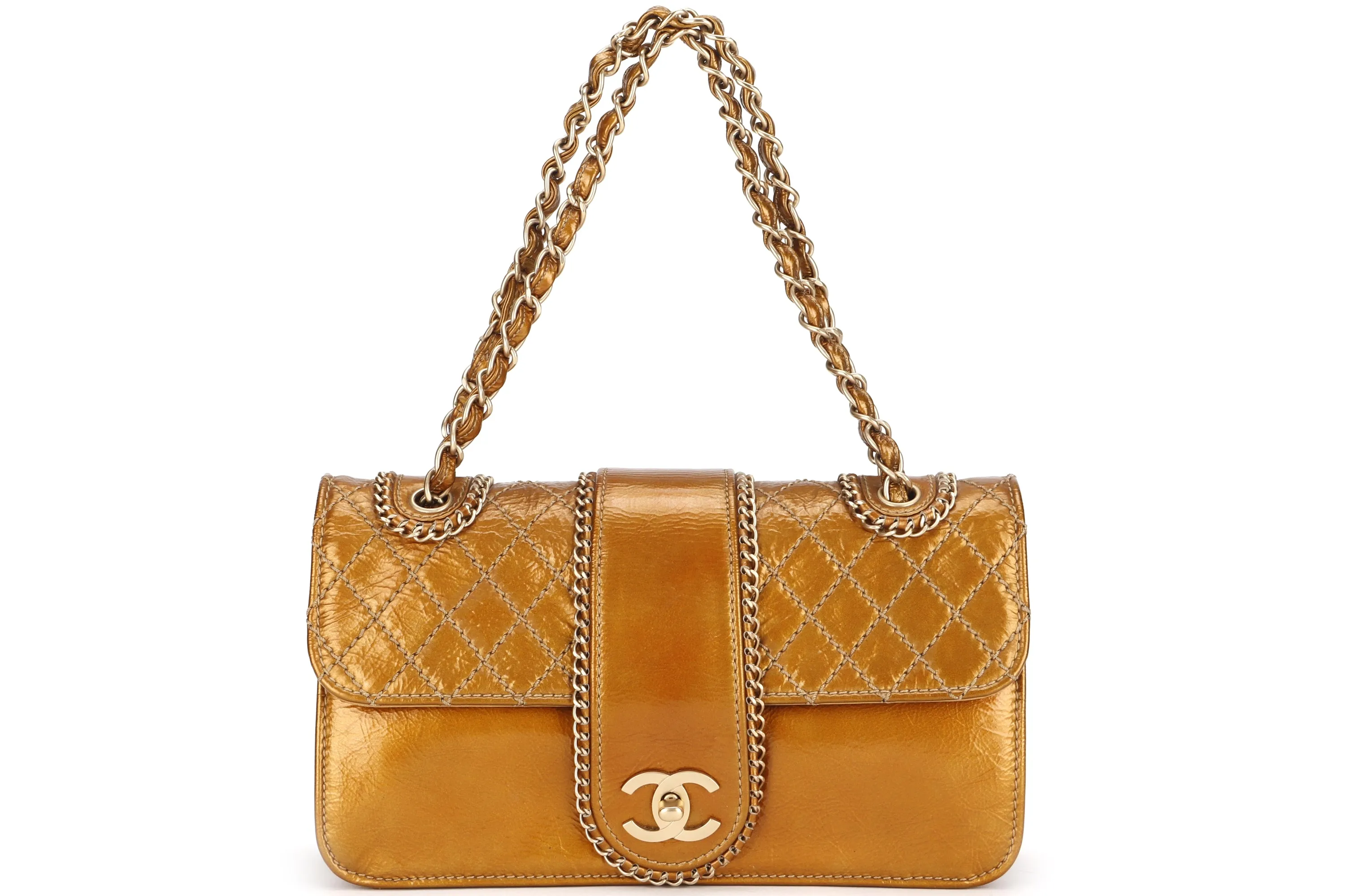 CHANEL MADISON FLAP BAG (1144xxxx) MEDIUM GOLD QUILTED PATENT LEATHER GOLD HARDWARE, NO CARD & DUST COVER