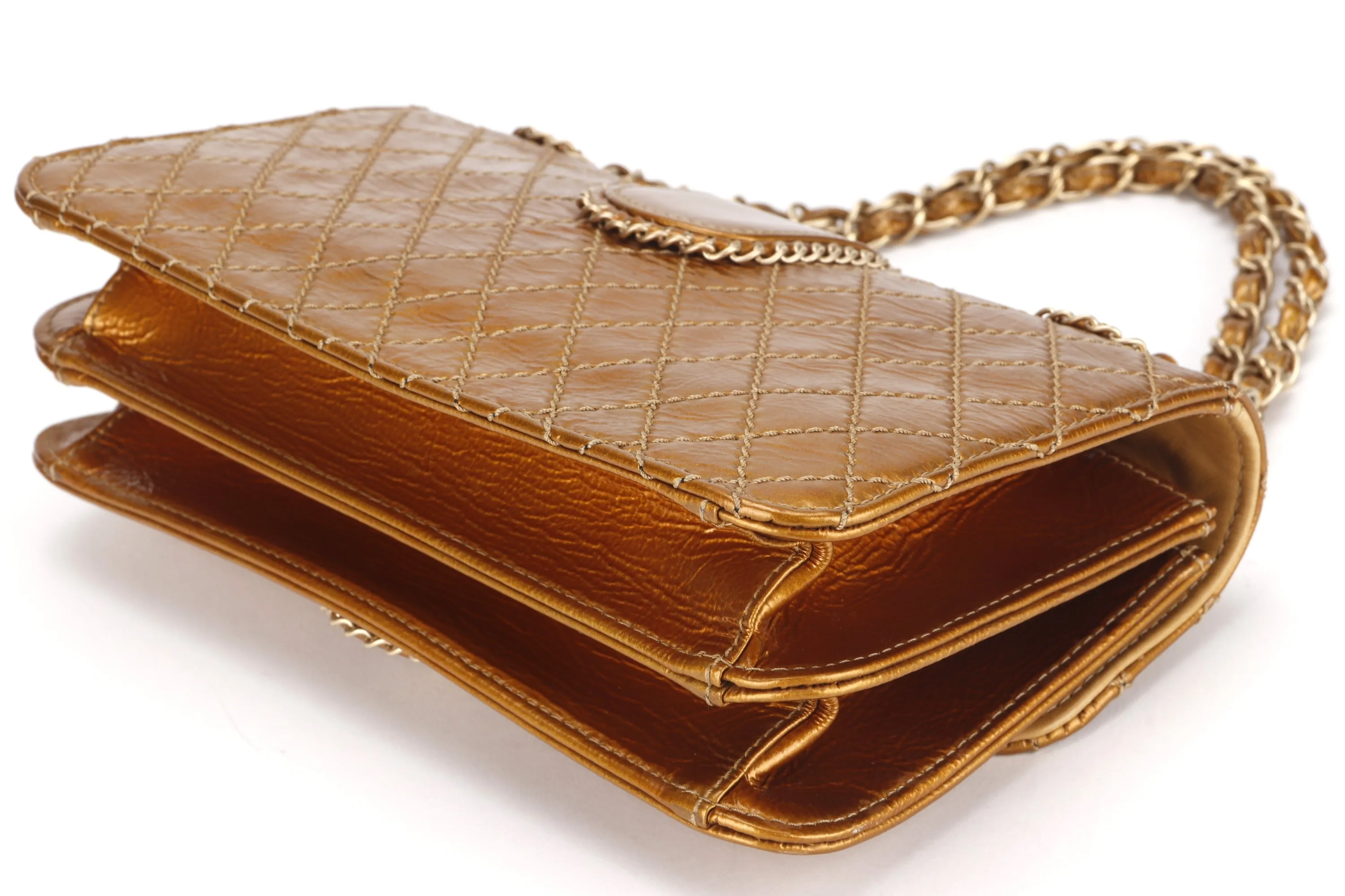 CHANEL MADISON FLAP BAG (1144xxxx) MEDIUM GOLD QUILTED PATENT LEATHER GOLD HARDWARE, NO CARD & DUST COVER