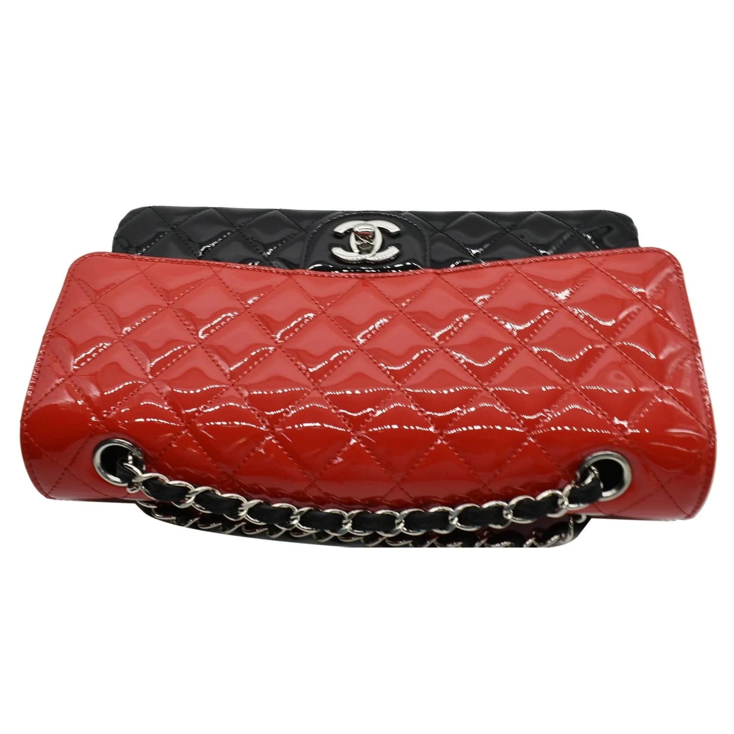 CHANEL Medium Double Flap Quilted Patent Leather Shoulder Bag Black/Red