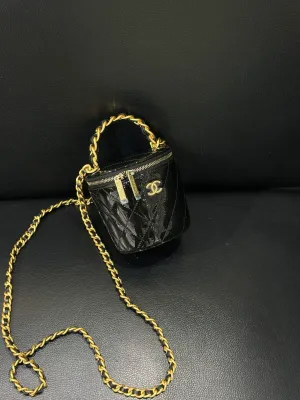 Chanel Mini Bucket Bag - Black Leather with Gold Chain