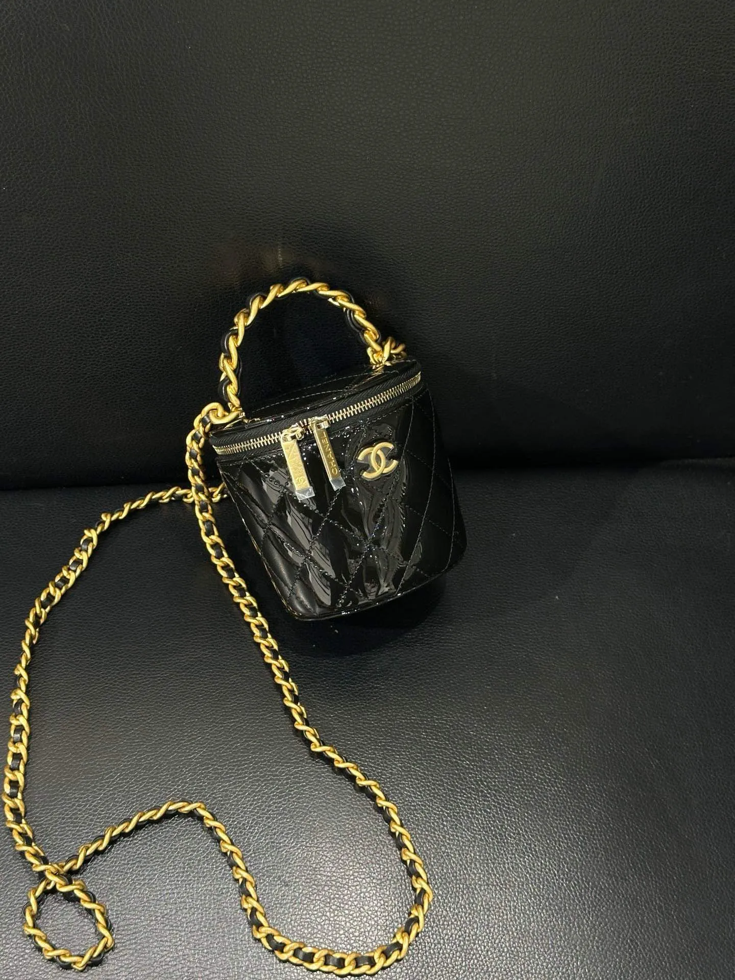 Chanel Mini Bucket Bag - Black Leather with Gold Chain