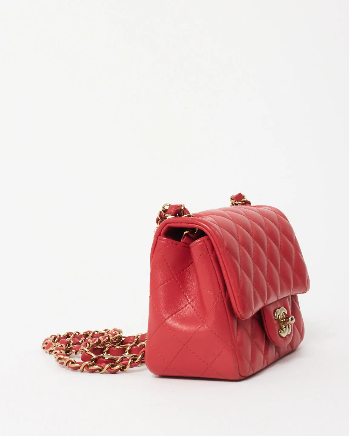 Chanel Red/Coral Lambskin CPHW Square Mini Single Flap Bag