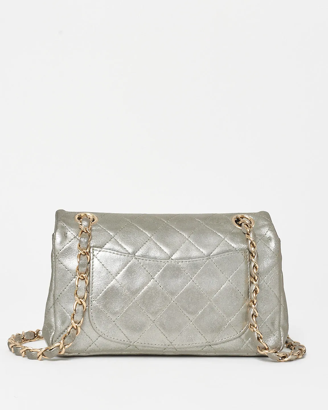 Chanel Silver Leather 4 Grommet Mini Rectangular Single Flap Bag