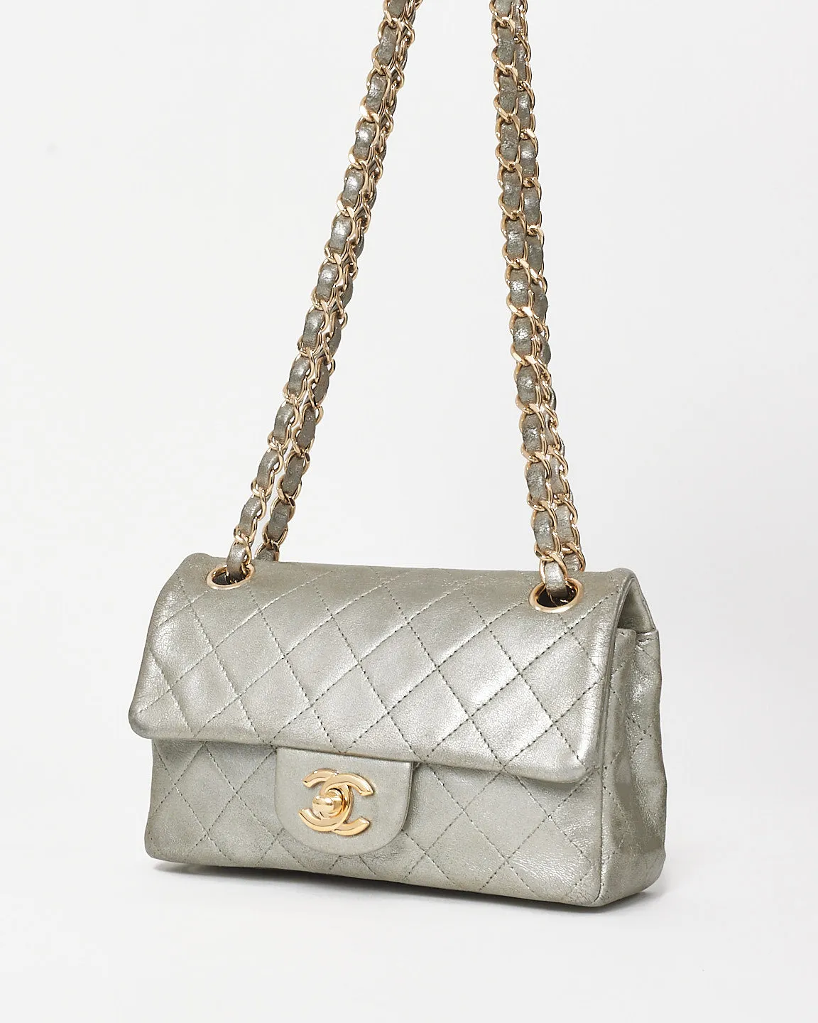 Chanel Silver Leather 4 Grommet Mini Rectangular Single Flap Bag