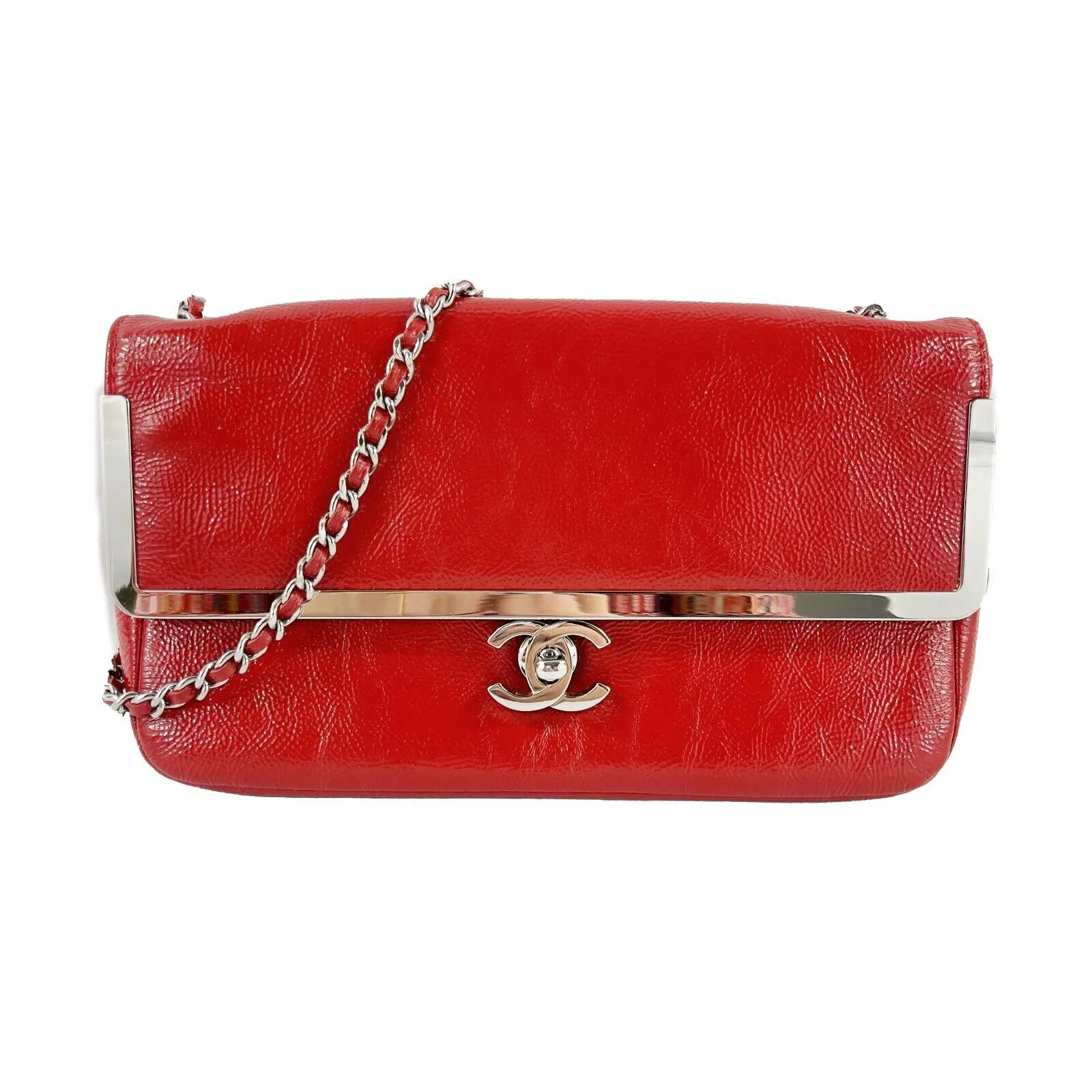 CHANEL - Small Textured Red Patent Frame Flap - CC Lock - Silver Shoulder Bag