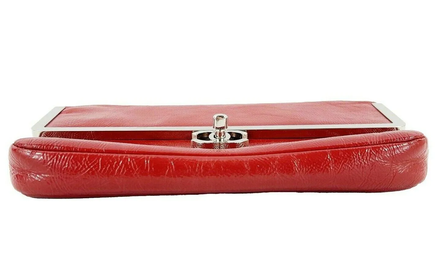 CHANEL - Small Textured Red Patent Frame Flap - CC Lock - Silver Shoulder Bag