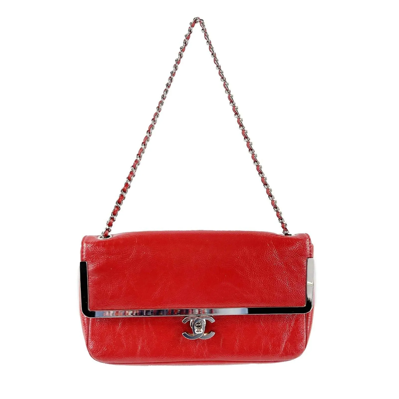 CHANEL - Small Textured Red Patent Frame Flap - CC Lock - Silver Shoulder Bag