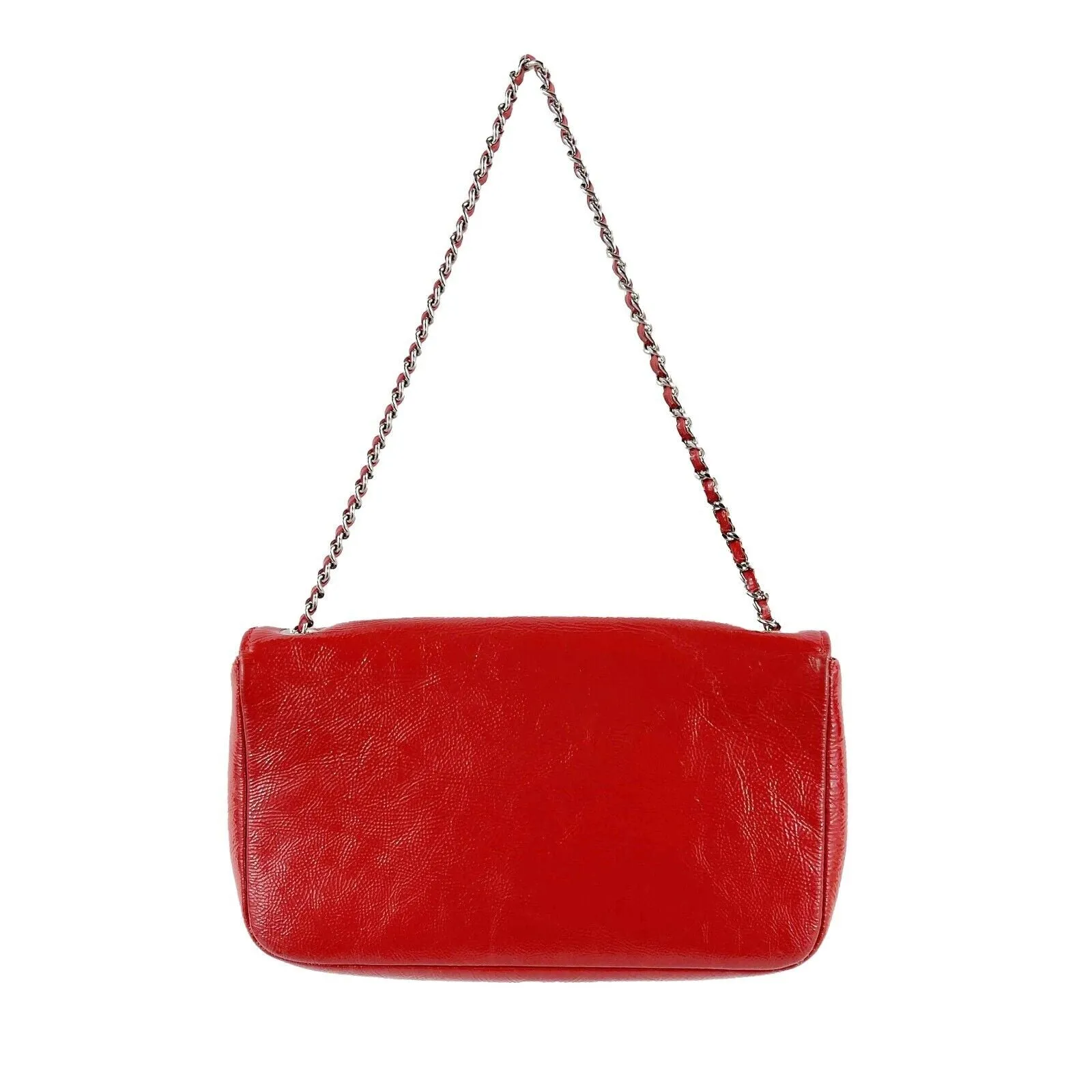 CHANEL - Small Textured Red Patent Frame Flap - CC Lock - Silver Shoulder Bag