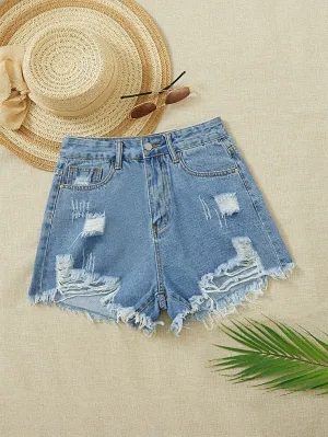 Cherry Vibes: Shorts de mezclilla desgarro ribete en