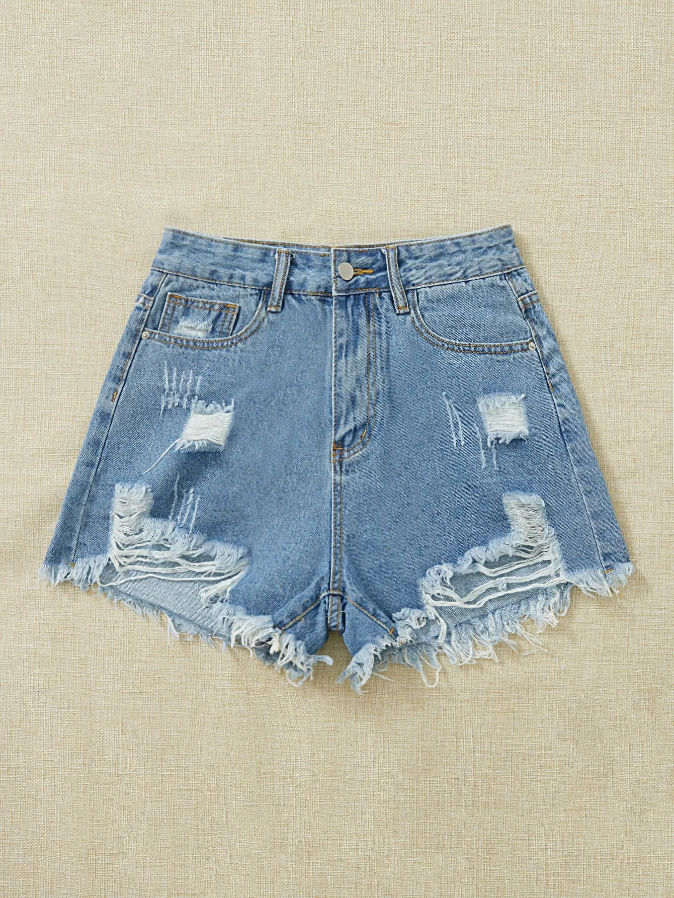 Cherry Vibes: Shorts de mezclilla desgarro ribete en