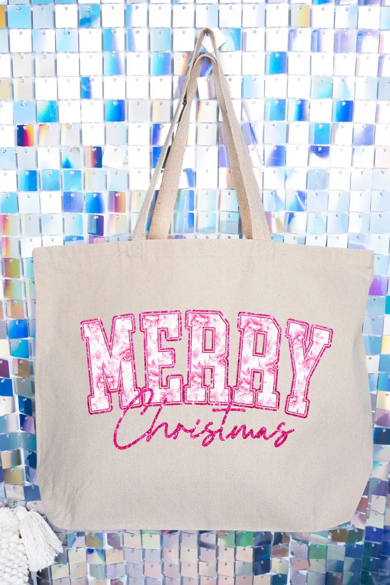 Chinoiserie Pink Merry Christmas Canvas Jumbo Tote