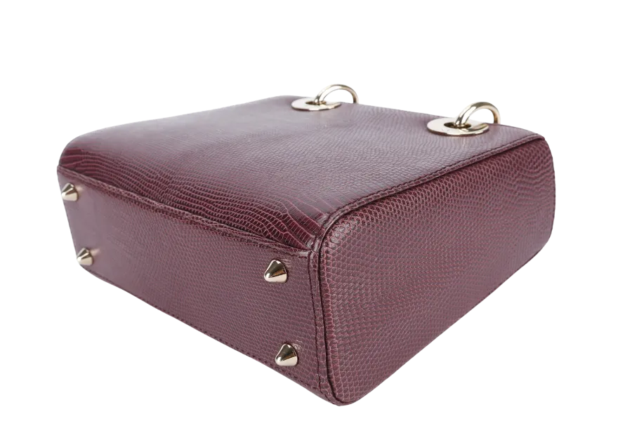 CHRISTIAN DIOR LADY DIOR MINI BURGUNDY LIZARD SKIN GOLD HARDWARE WITH STRAPS, CITIES REPORT AND DUST COVER
