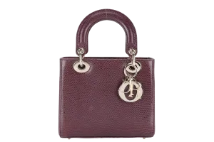 CHRISTIAN DIOR LADY DIOR MINI BURGUNDY LIZARD SKIN GOLD HARDWARE WITH STRAPS, CITIES REPORT AND DUST COVER