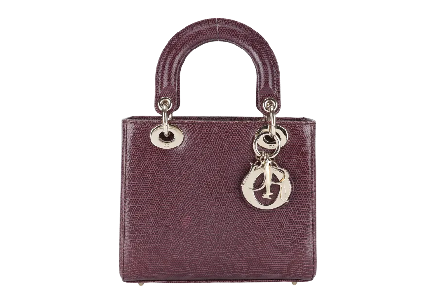 CHRISTIAN DIOR LADY DIOR MINI BURGUNDY LIZARD SKIN GOLD HARDWARE WITH STRAPS, CITIES REPORT AND DUST COVER