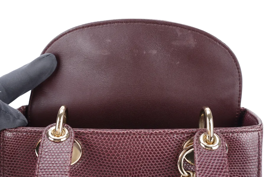 CHRISTIAN DIOR LADY DIOR MINI BURGUNDY LIZARD SKIN GOLD HARDWARE WITH STRAPS, CITIES REPORT AND DUST COVER