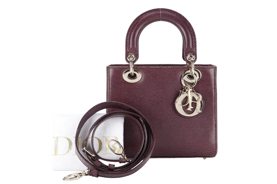 CHRISTIAN DIOR LADY DIOR MINI BURGUNDY LIZARD SKIN GOLD HARDWARE WITH STRAPS, CITIES REPORT AND DUST COVER
