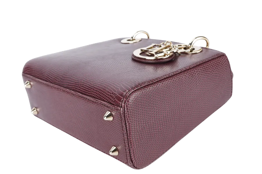CHRISTIAN DIOR LADY DIOR MINI BURGUNDY LIZARD SKIN GOLD HARDWARE WITH STRAPS, CITIES REPORT AND DUST COVER