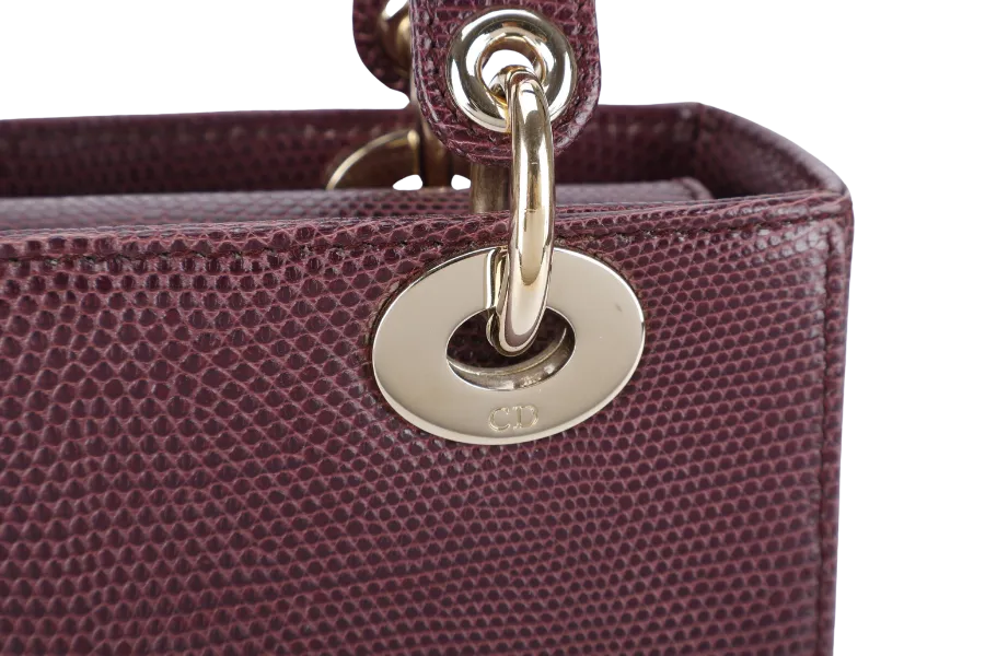 CHRISTIAN DIOR LADY DIOR MINI BURGUNDY LIZARD SKIN GOLD HARDWARE WITH STRAPS, CITIES REPORT AND DUST COVER
