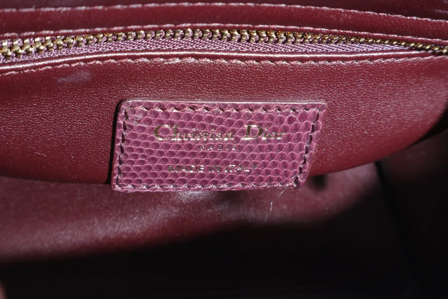 CHRISTIAN DIOR LADY DIOR MINI BURGUNDY LIZARD SKIN GOLD HARDWARE WITH STRAPS, CITIES REPORT AND DUST COVER
