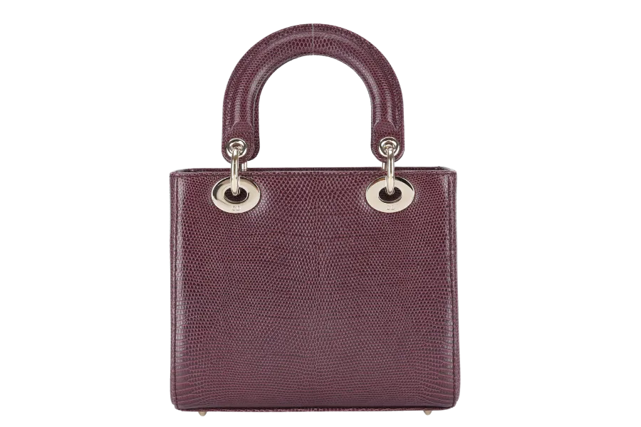 CHRISTIAN DIOR LADY DIOR MINI BURGUNDY LIZARD SKIN GOLD HARDWARE WITH STRAPS, CITIES REPORT AND DUST COVER