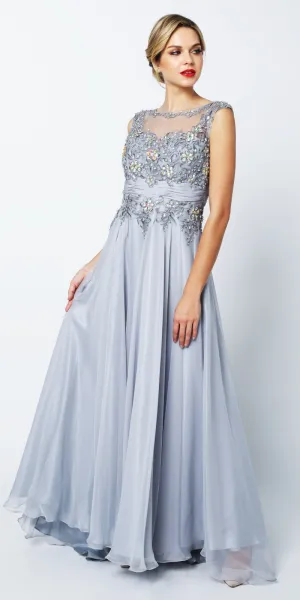CLEARANCE - Juliet 552 Long Jewel Neckline Studded Bodice Silver A-Line Gown (Size M)