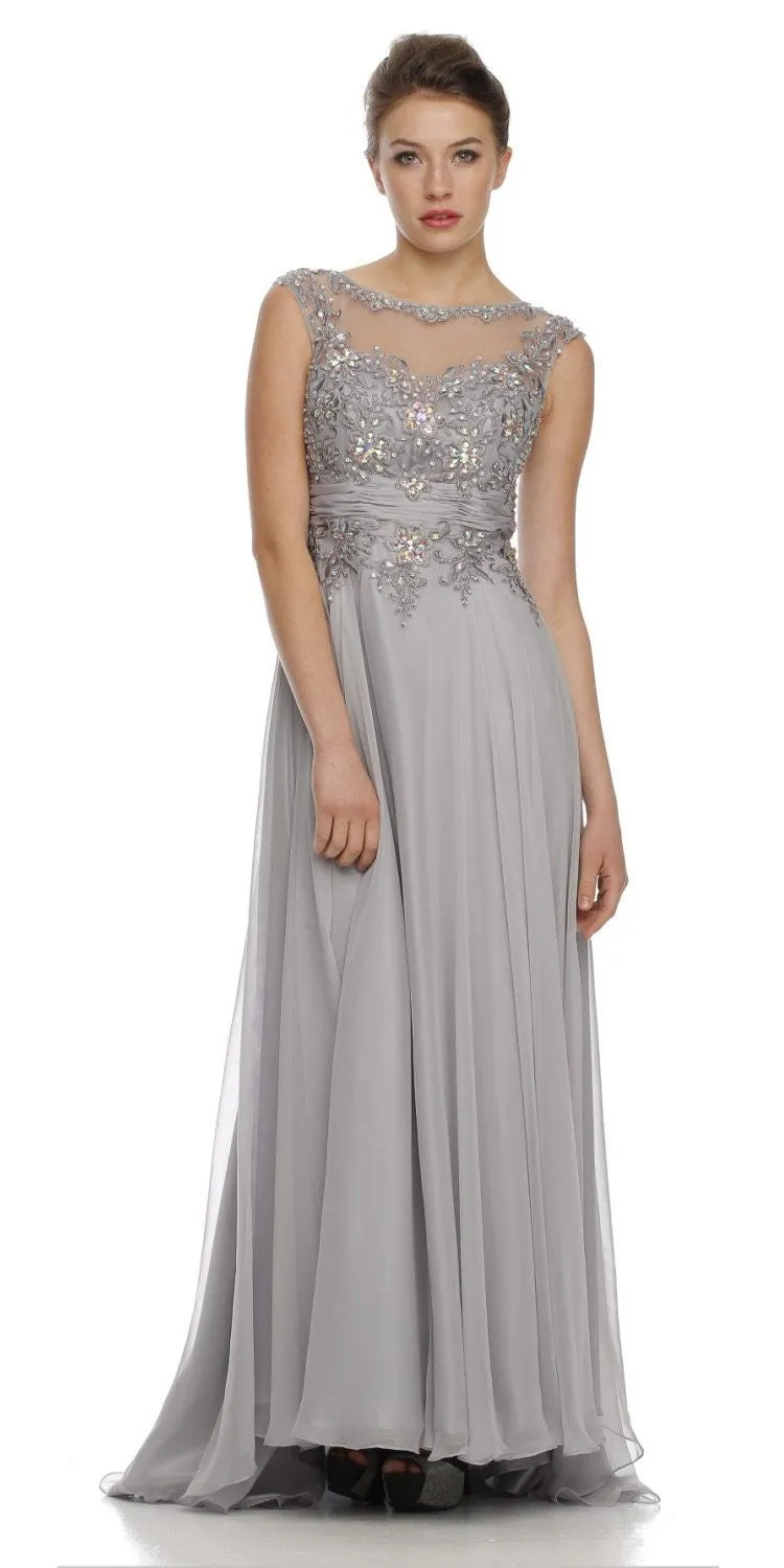 CLEARANCE - Juliet 552 Long Jewel Neckline Studded Bodice Silver A-Line Gown (Size M)