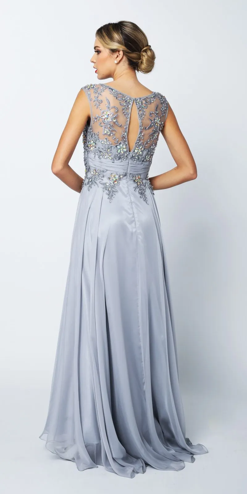 CLEARANCE - Juliet 552 Long Jewel Neckline Studded Bodice Silver A-Line Gown (Size M)