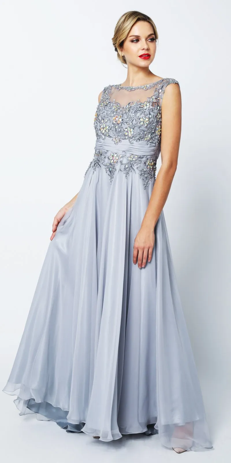 CLEARANCE - Juliet 552 Long Jewel Neckline Studded Bodice Silver A-Line Gown (Size M)