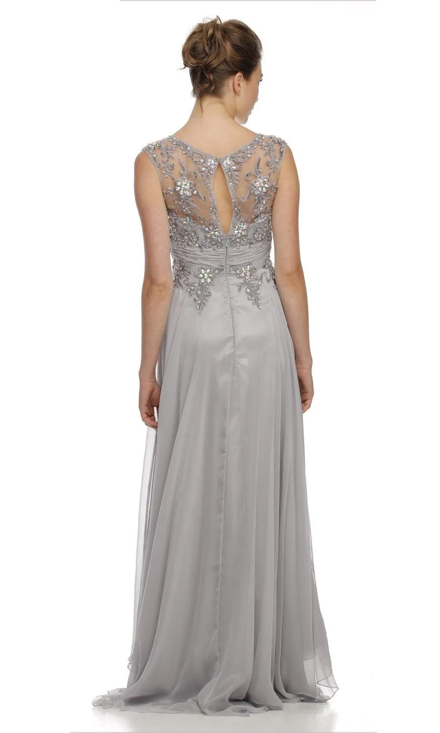 CLEARANCE - Juliet 552 Long Jewel Neckline Studded Bodice Silver A-Line Gown (Size M)
