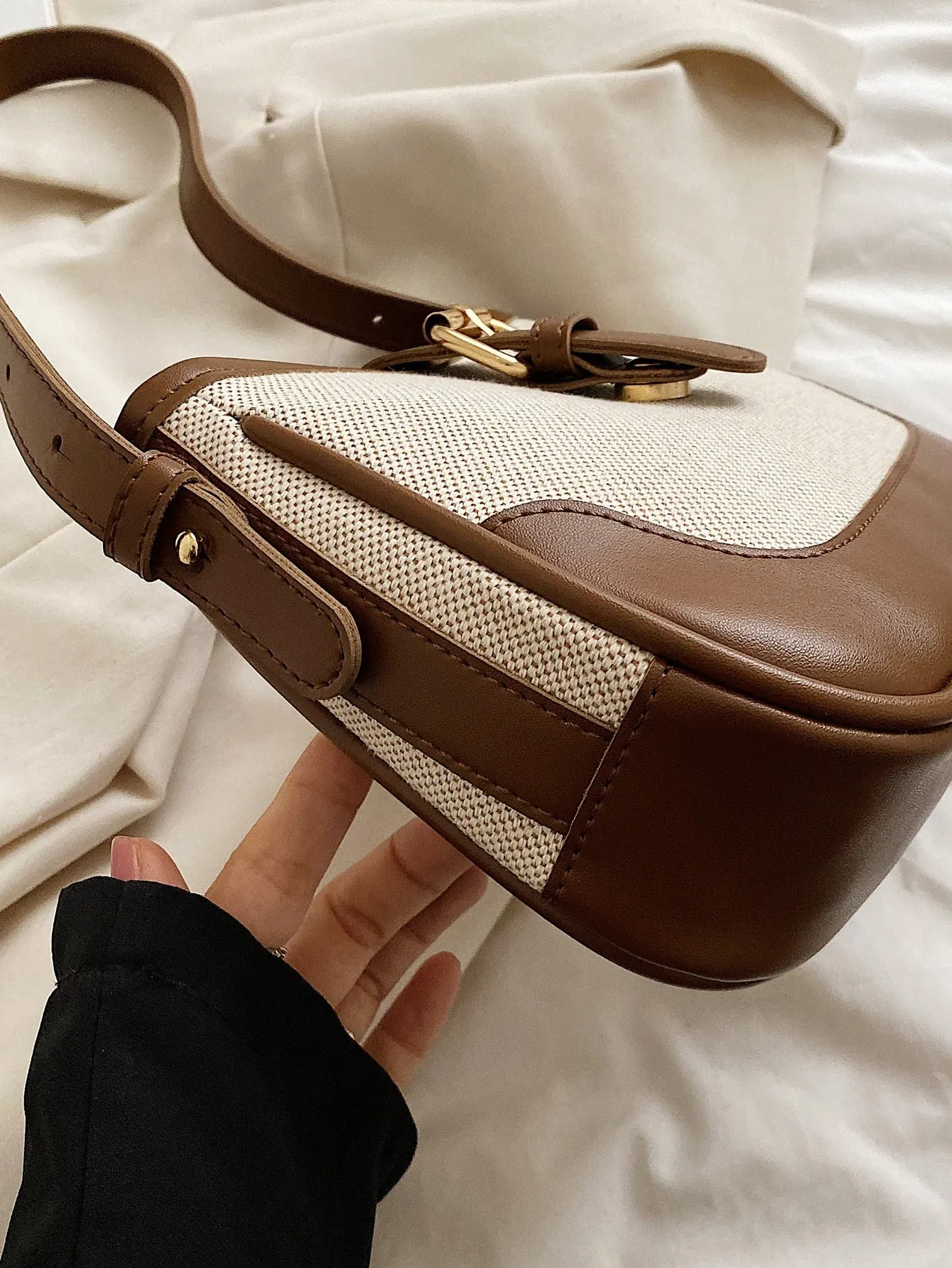 Color-block Buckle Decor Baguette Bag - Coffee Brown