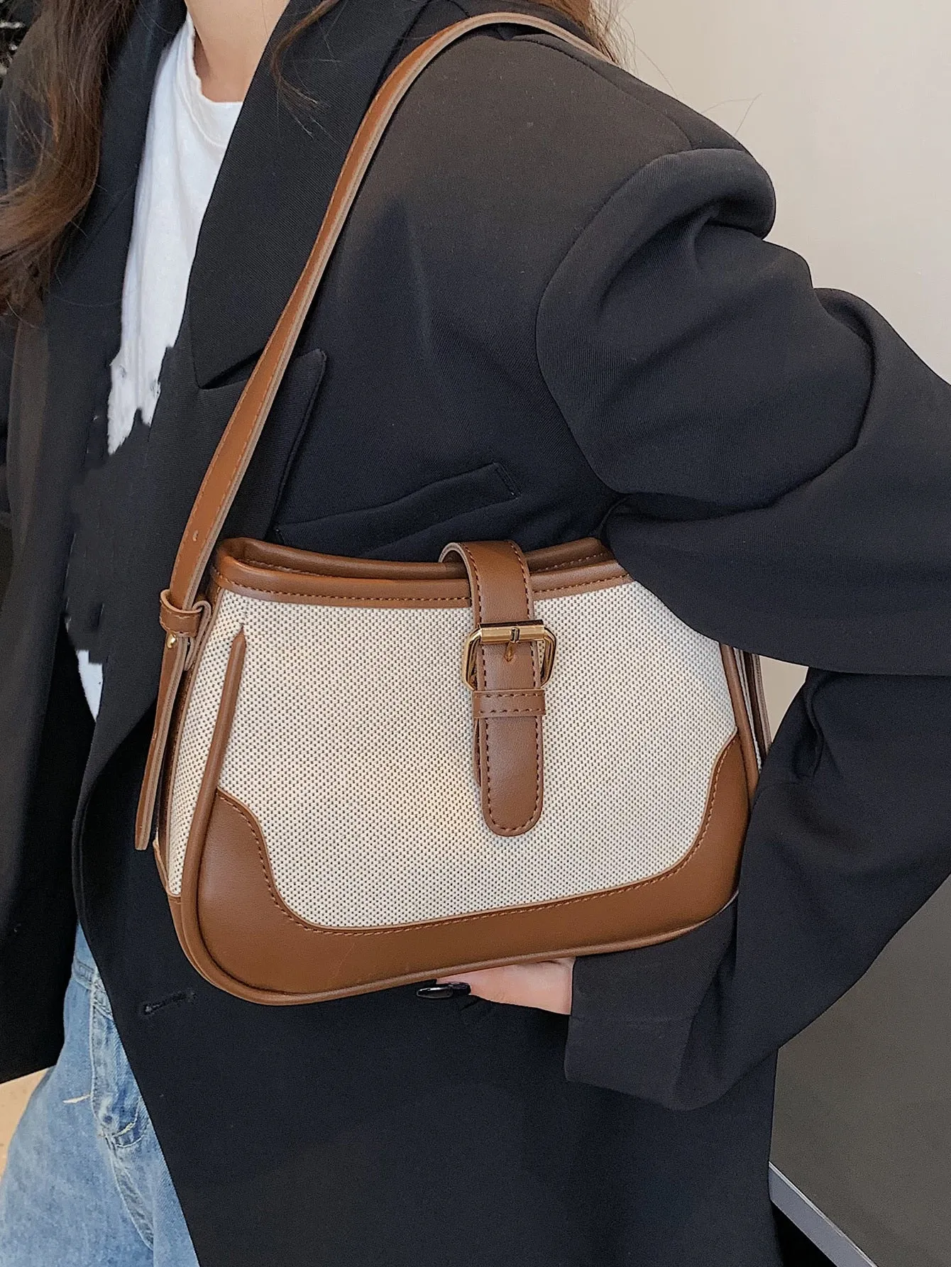 Color-block Buckle Decor Baguette Bag - Coffee Brown