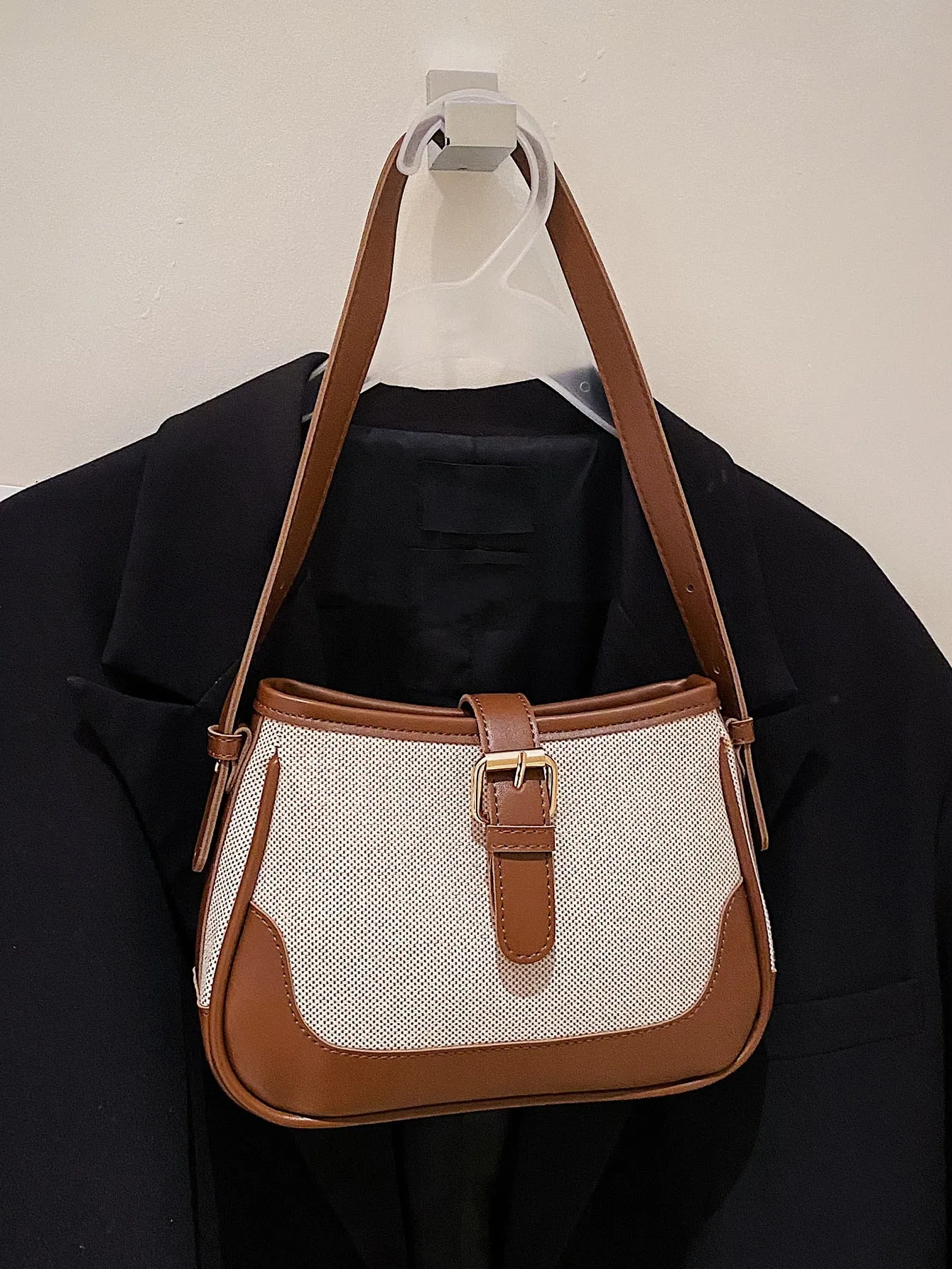 Color-block Buckle Decor Baguette Bag - Coffee Brown