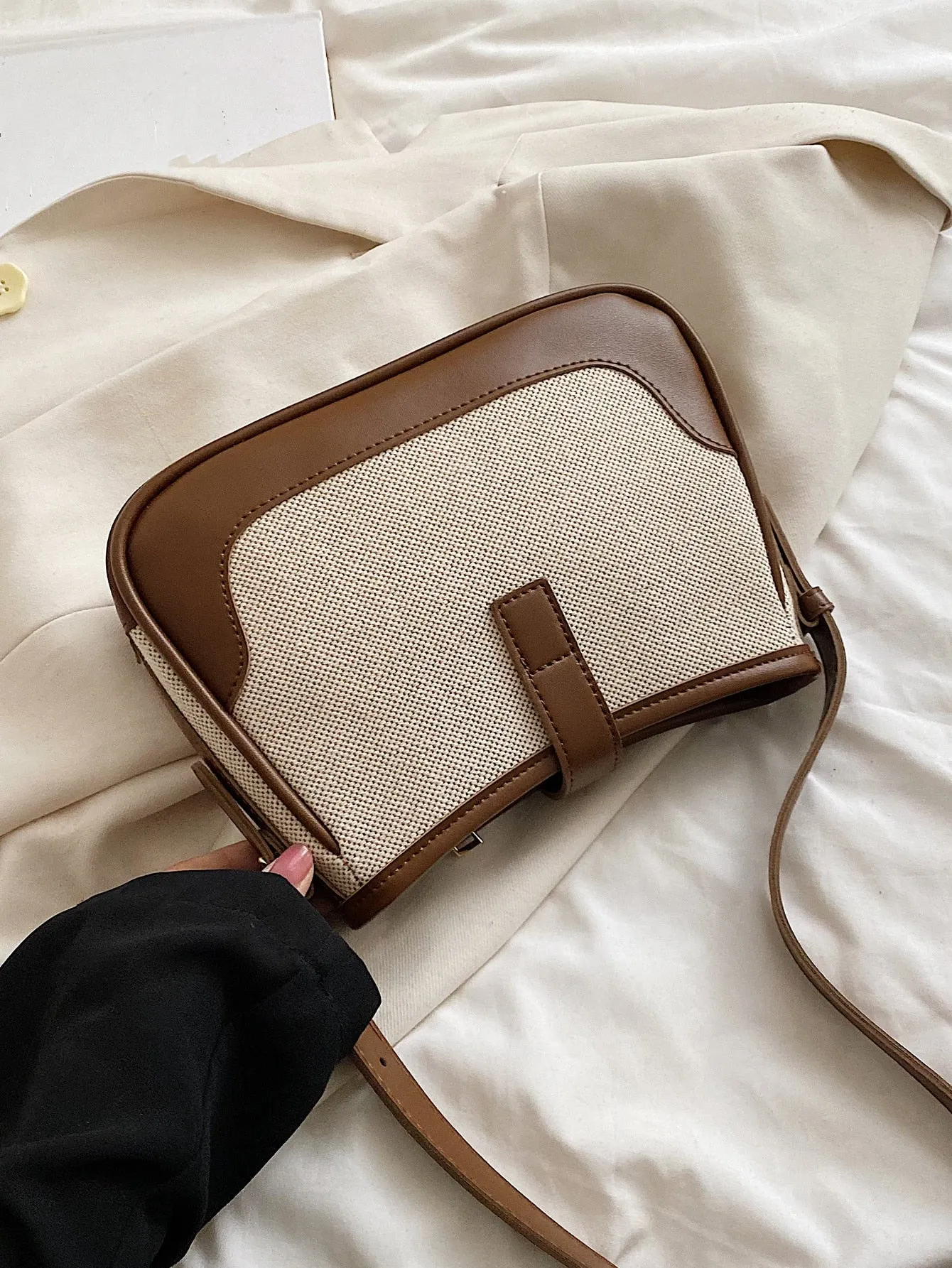 Color-block Buckle Decor Baguette Bag - Coffee Brown
