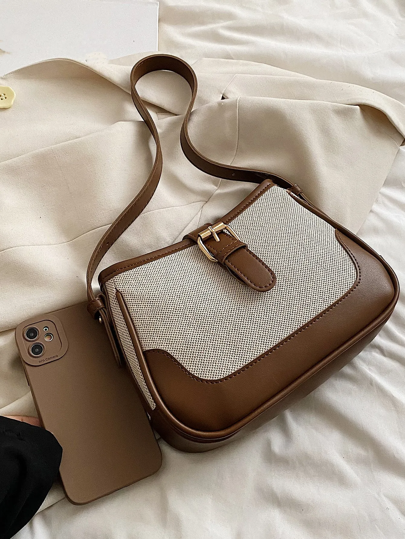 Color-block Buckle Decor Baguette Bag - Coffee Brown