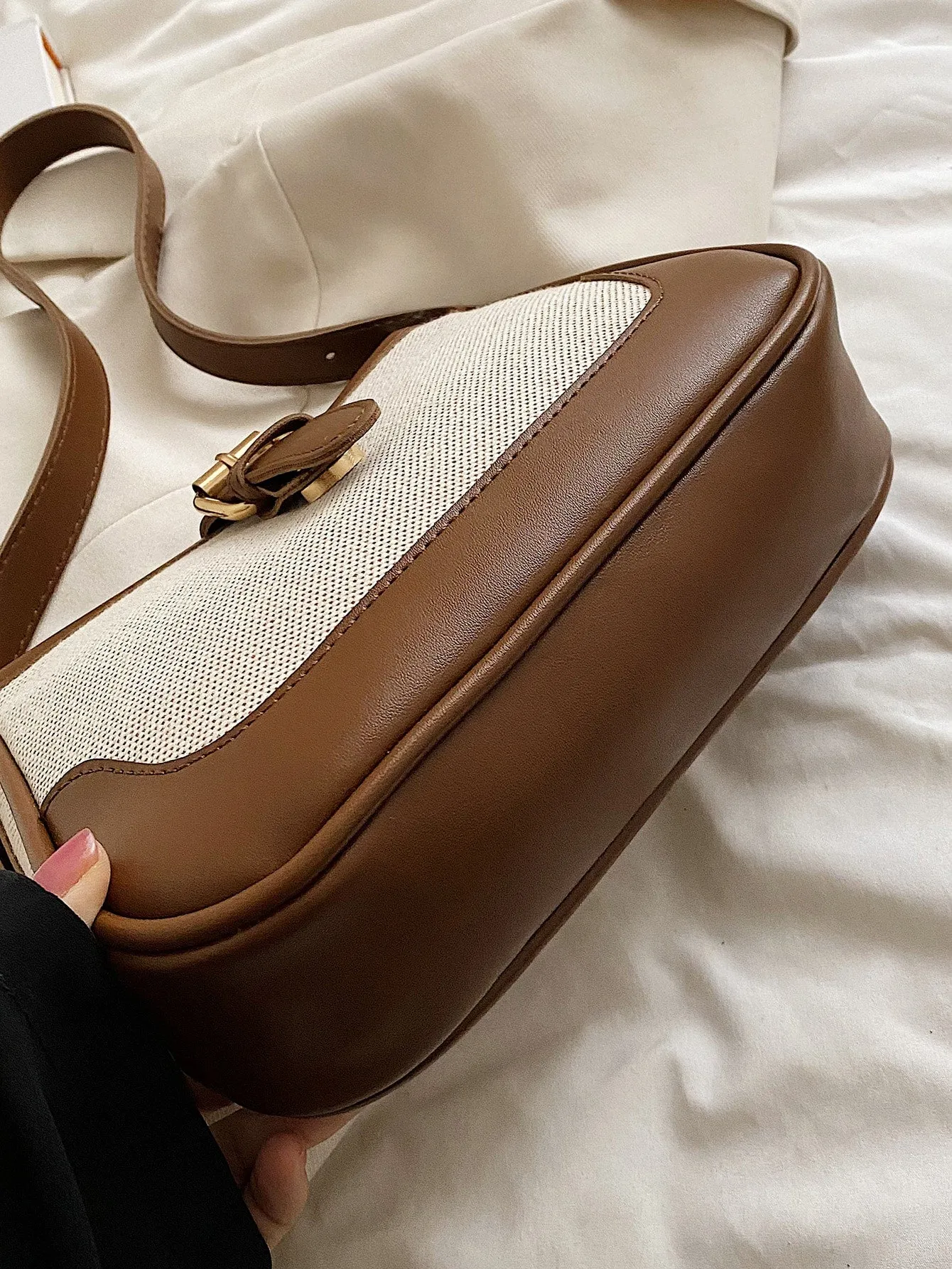 Color-block Buckle Decor Baguette Bag - Coffee Brown