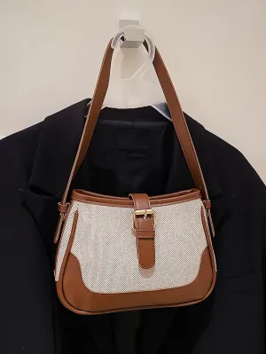 Color-block Buckle Decor Baguette Bag - Coffee Brown