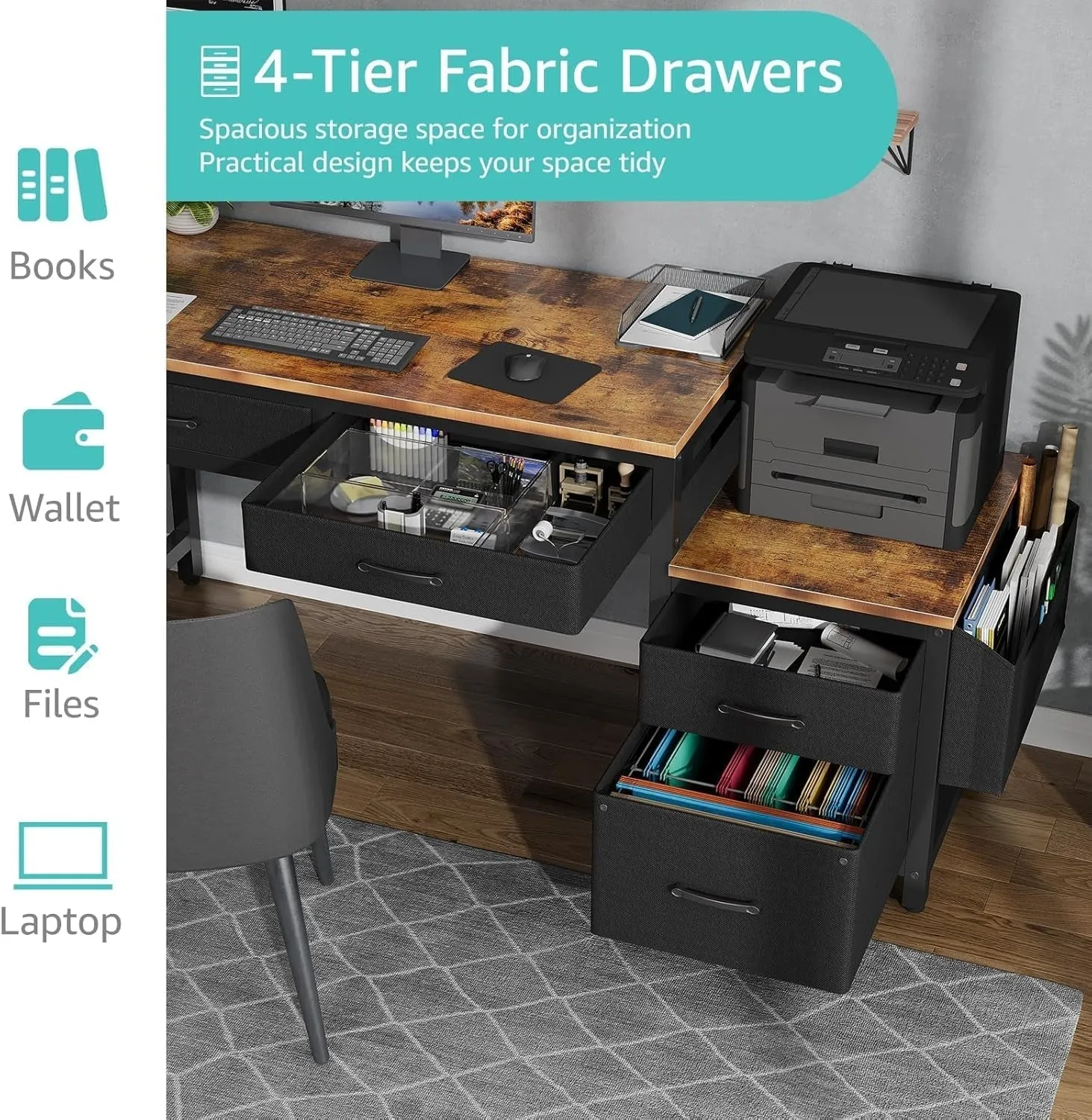 Computer Desk with Fabric File Drawers Cabinet, 57 Inch Home Office