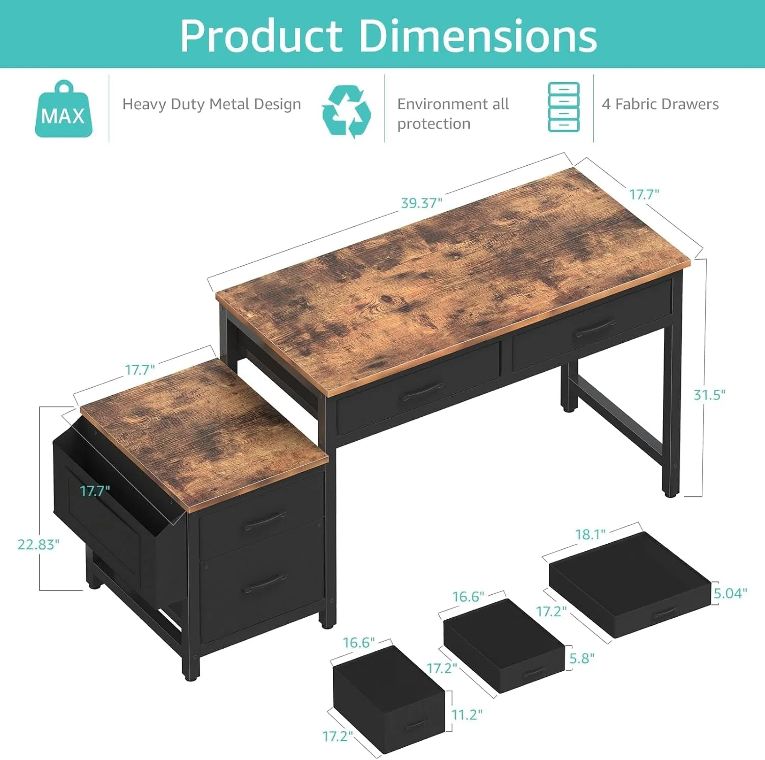Computer Desk with Fabric File Drawers Cabinet, 57 Inch Home Office