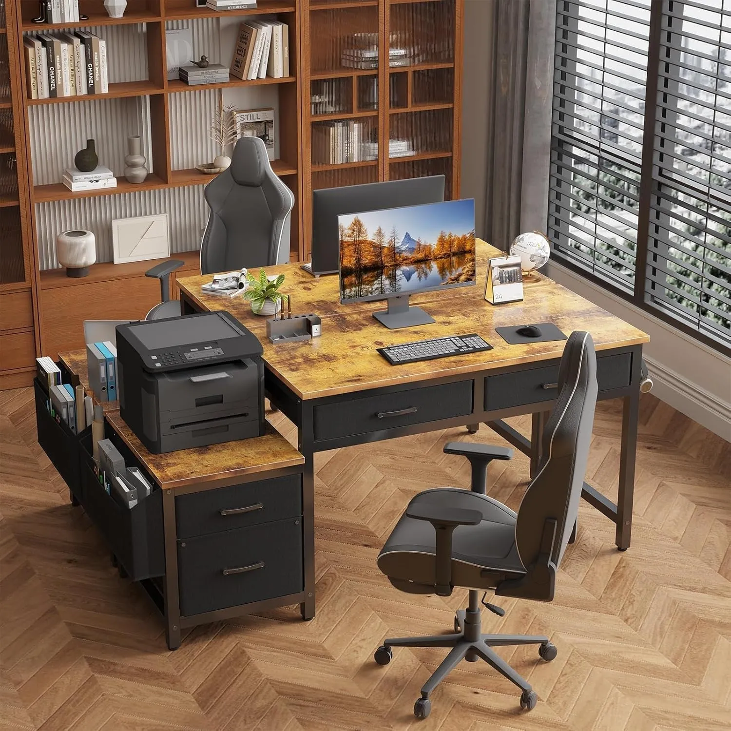Computer Desk with Fabric File Drawers Cabinet, 57 Inch Home Office