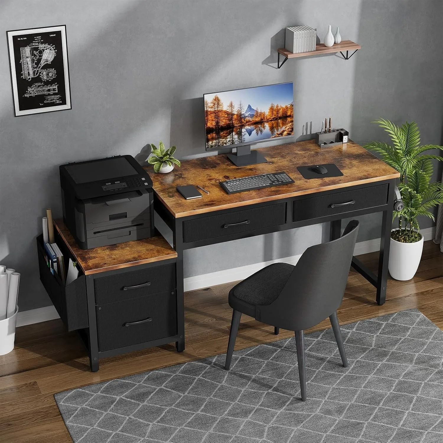 Computer Desk with Fabric File Drawers Cabinet, 57 Inch Home Office