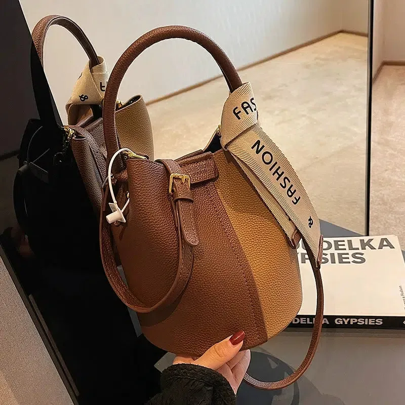 Contrast Color Leather Bucket Bag