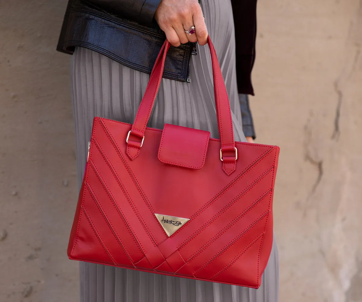 Criss-Cross Genuine Leather Lipstick Red Satchel