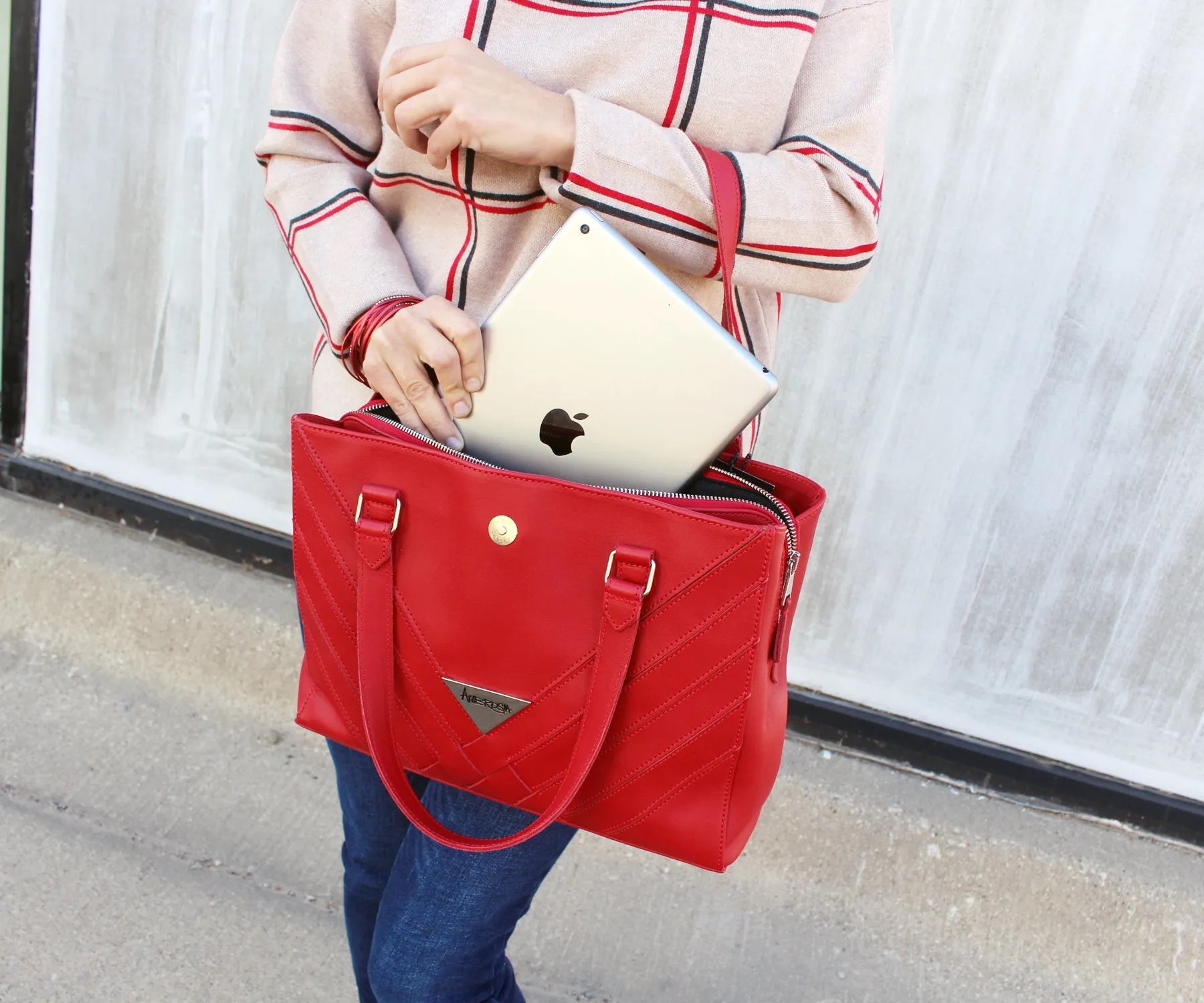 Criss-Cross Genuine Leather Lipstick Red Satchel