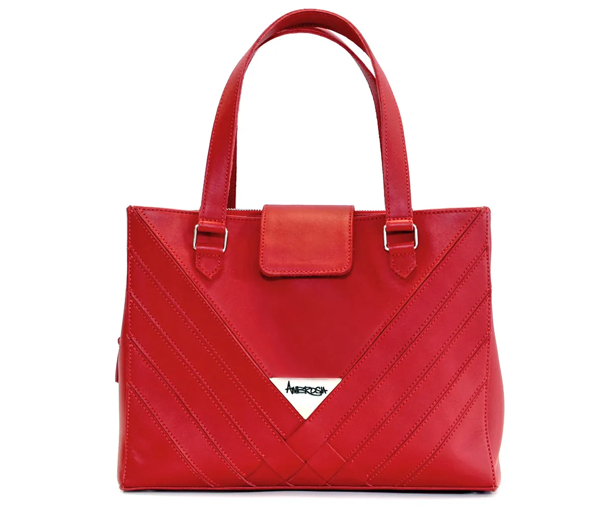 Criss-Cross Genuine Leather Lipstick Red Satchel