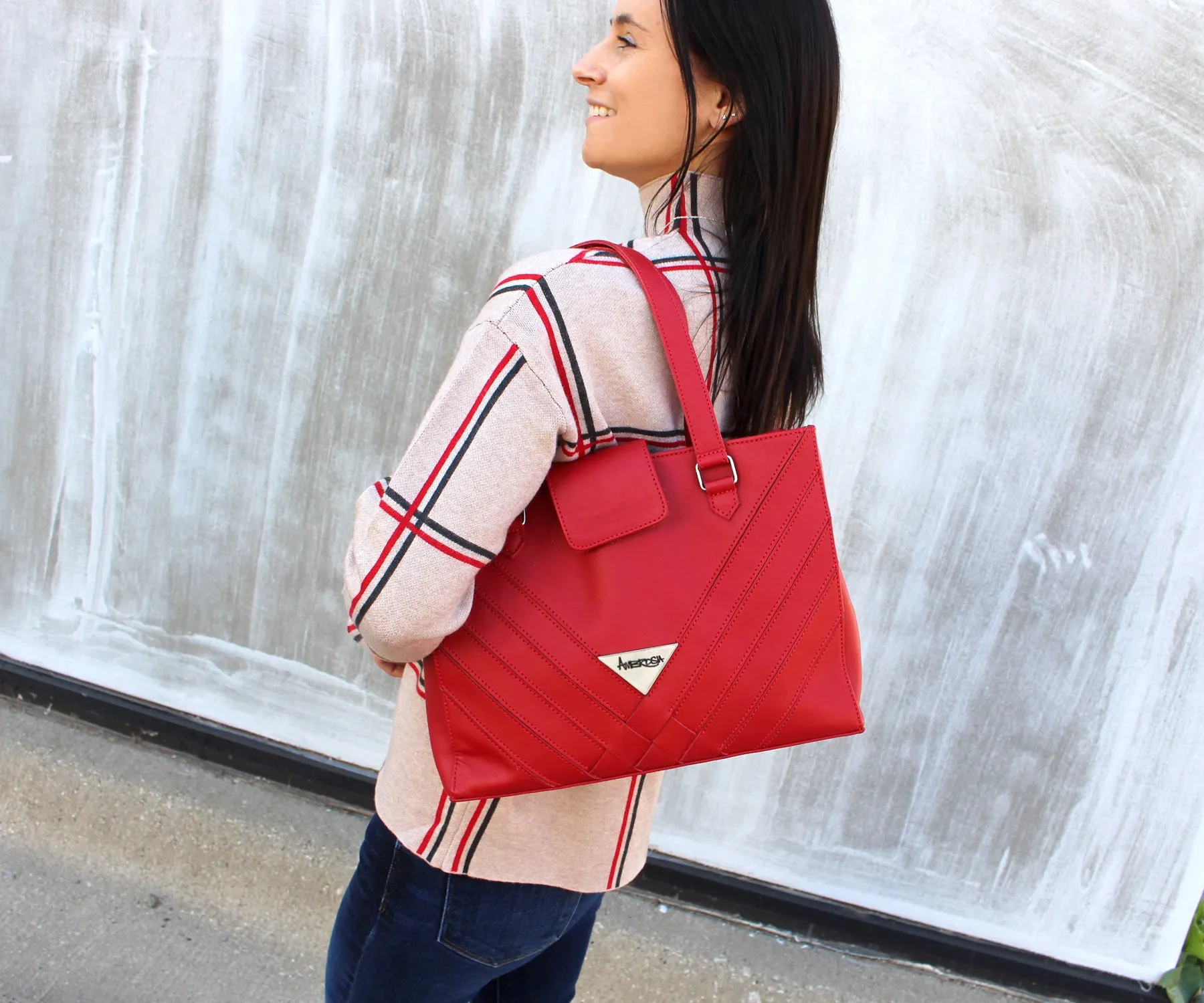 Criss-Cross Genuine Leather Lipstick Red Satchel